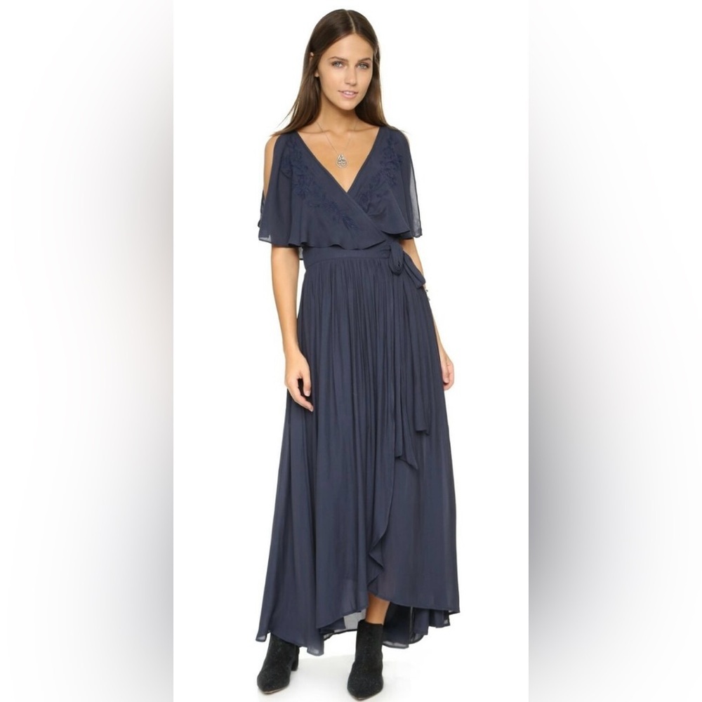 Free People Boho Embroidered Flowy Wrap V-Neck Flutter Sleeve Maxi Dress Size XS
